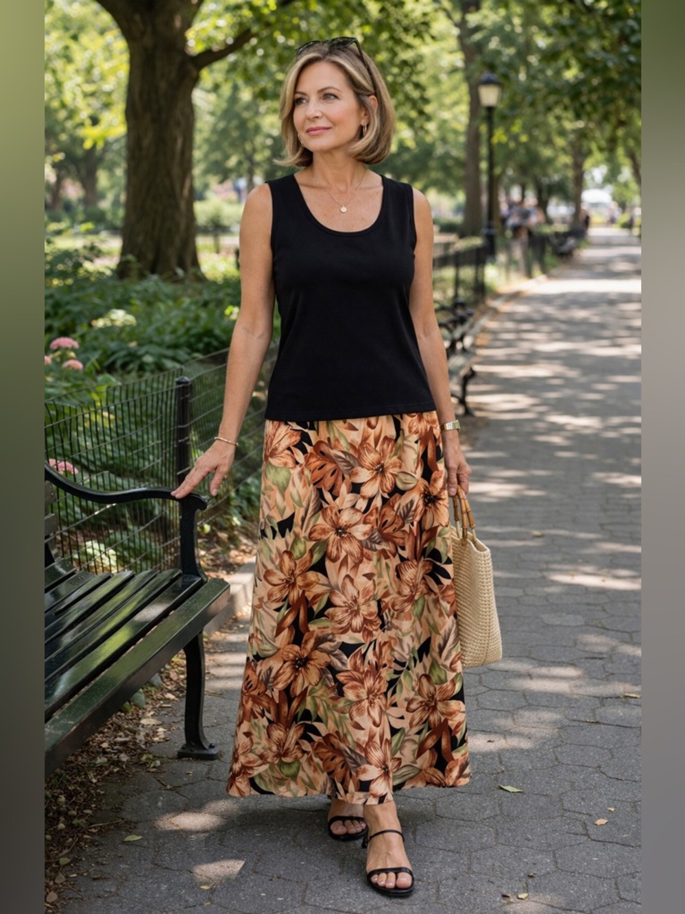 Dress Barn Black Tank with Brown Floral Maxi Skirt